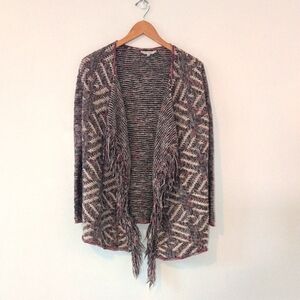 Lucky Brand Women's Open Front Boho Cotton Cardigan Fringe Pink Cream Black Sz S